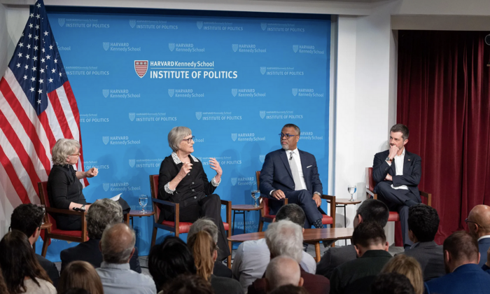 Moderator Jill Lepore with Drew Faust, Eddie S. Glaude Jr., and Pete Buttigieg.