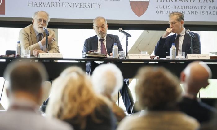 From left: David Albert Hollinger, a historian at the University of California, Berkeley;  Cogan University Professor of the humanities Stephen Greenblatt; and Porter University Professor Noah Feldman.
