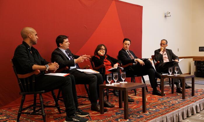Nikolas Bowie (from left), Garrett West, Nancy Gertner, Derek Muller, and John C.P. Goldberg.