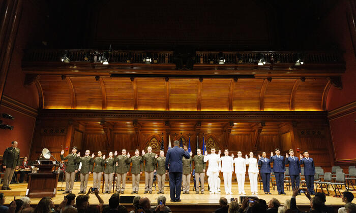 The Joint Commissioning Ceremony for the ROTC in Sanders Theatre.