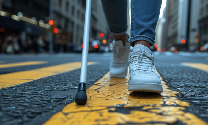 A pedestrian using a white cane to navigate a crosswalk. 