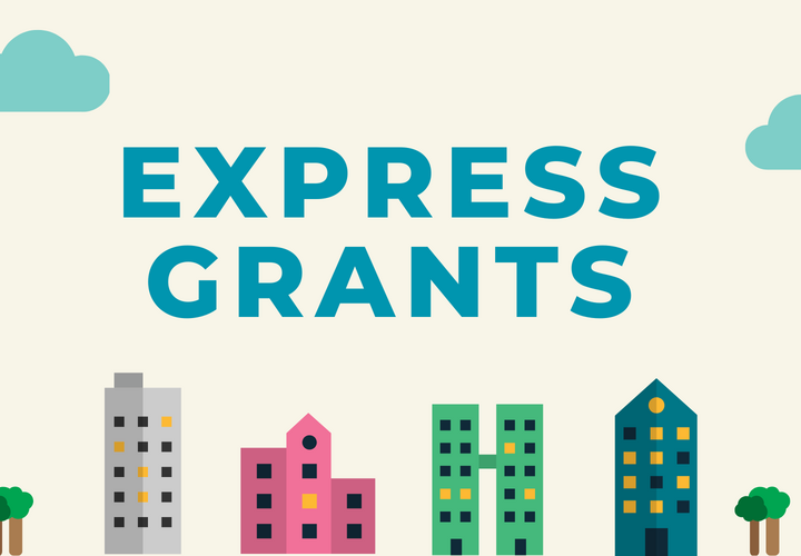 A graphic of a city and nature featuring the text express grants.