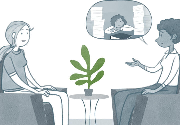 Two peers share across a coffee table their current concerns about work and study.