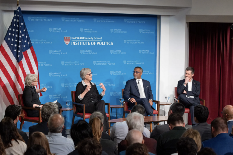 Moderator Jill Lepore with Drew Faust, Eddie S. Glaude Jr., and Pete Buttigieg.