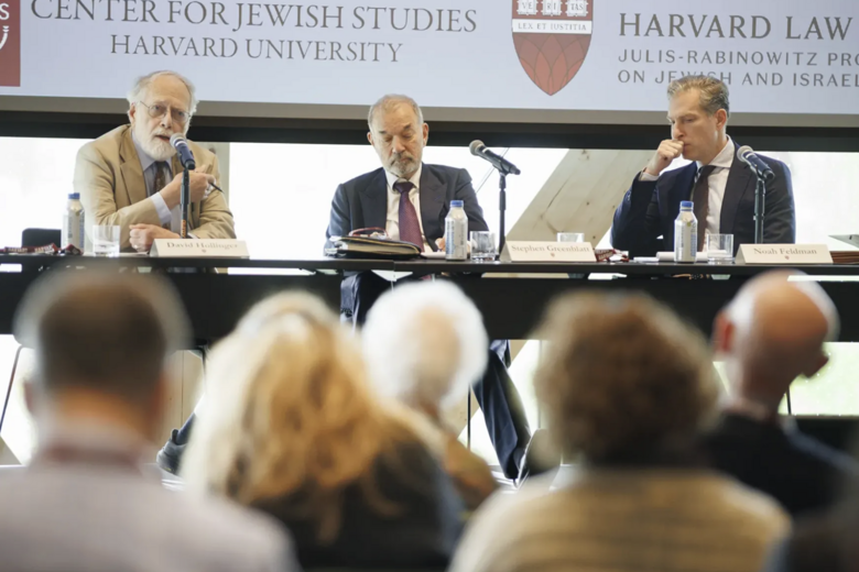 From left: David Albert Hollinger, a historian at the University of California, Berkeley;  Cogan University Professor of the humanities Stephen Greenblatt; and Porter University Professor Noah Feldman.