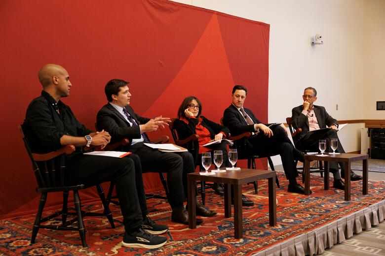 Nikolas Bowie (from left), Garrett West, Nancy Gertner, Derek Muller, and John C.P. Goldberg.