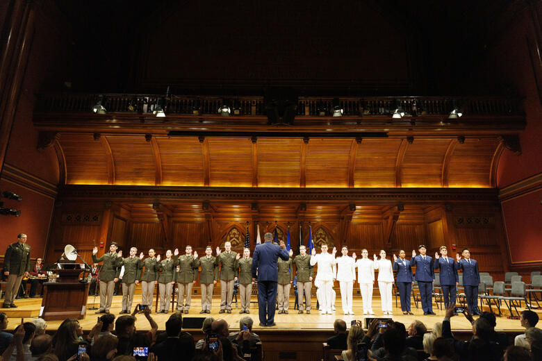 The Joint Commissioning Ceremony for the ROTC in Sanders Theatre.