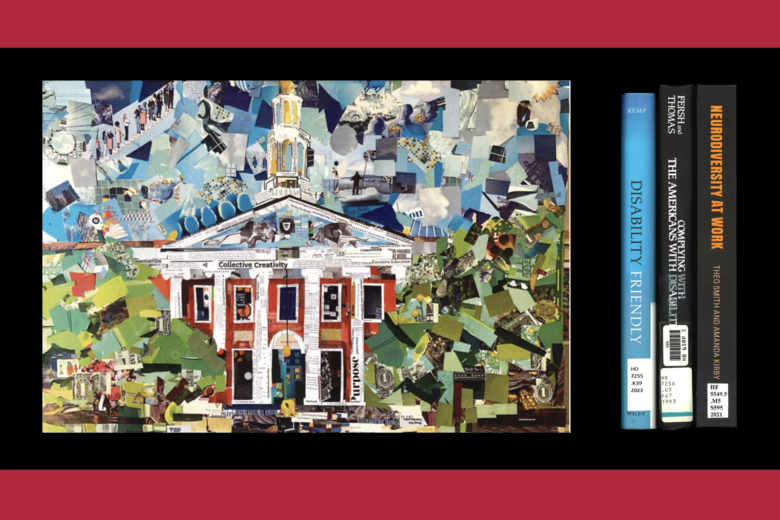 A collage of the HBS Baker Library.