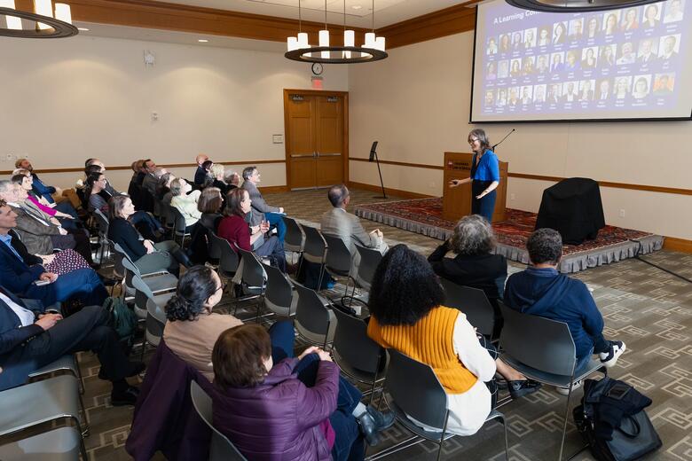 Sheila Heen addressing a crowd at Harvard Law School. 