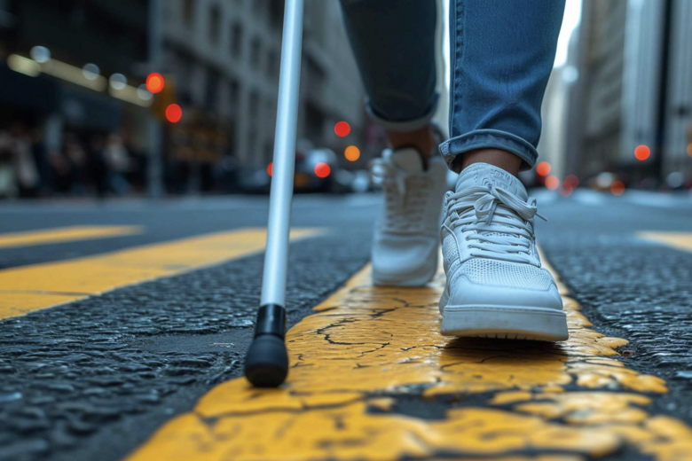 A pedestrian using a white cane to navigate a crosswalk. 