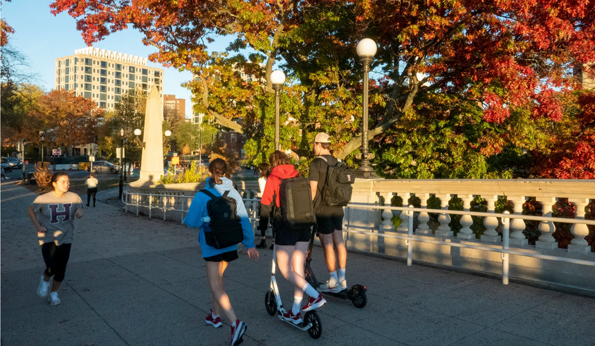 Harvard students walking around campus.