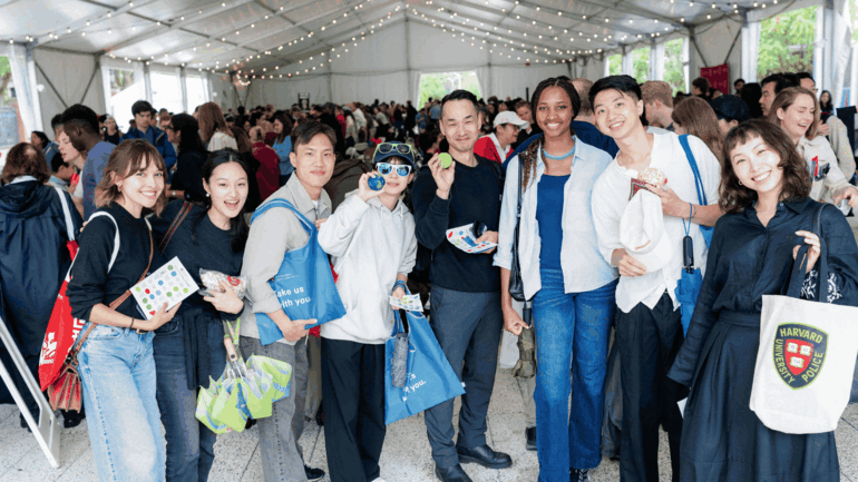 17 images in a slideshow gif of harvard community members at the welcome block party.